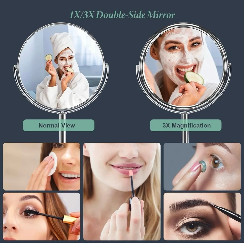 Magnifying Vanity Makeup Mirror 7 Inch, 360°Rotation Double Sided Magnify 1X, 3X